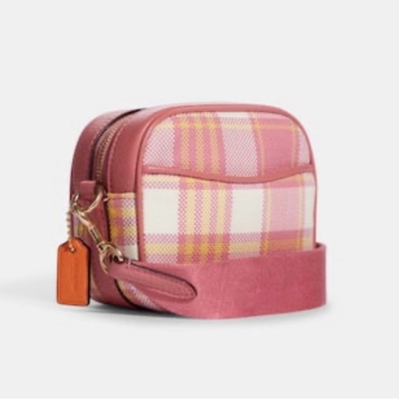 NWT Coach Mini Dempsey Camera Bag With Garden Plaid Print & Patch In Gold/Taffy - Picture 2 of 13